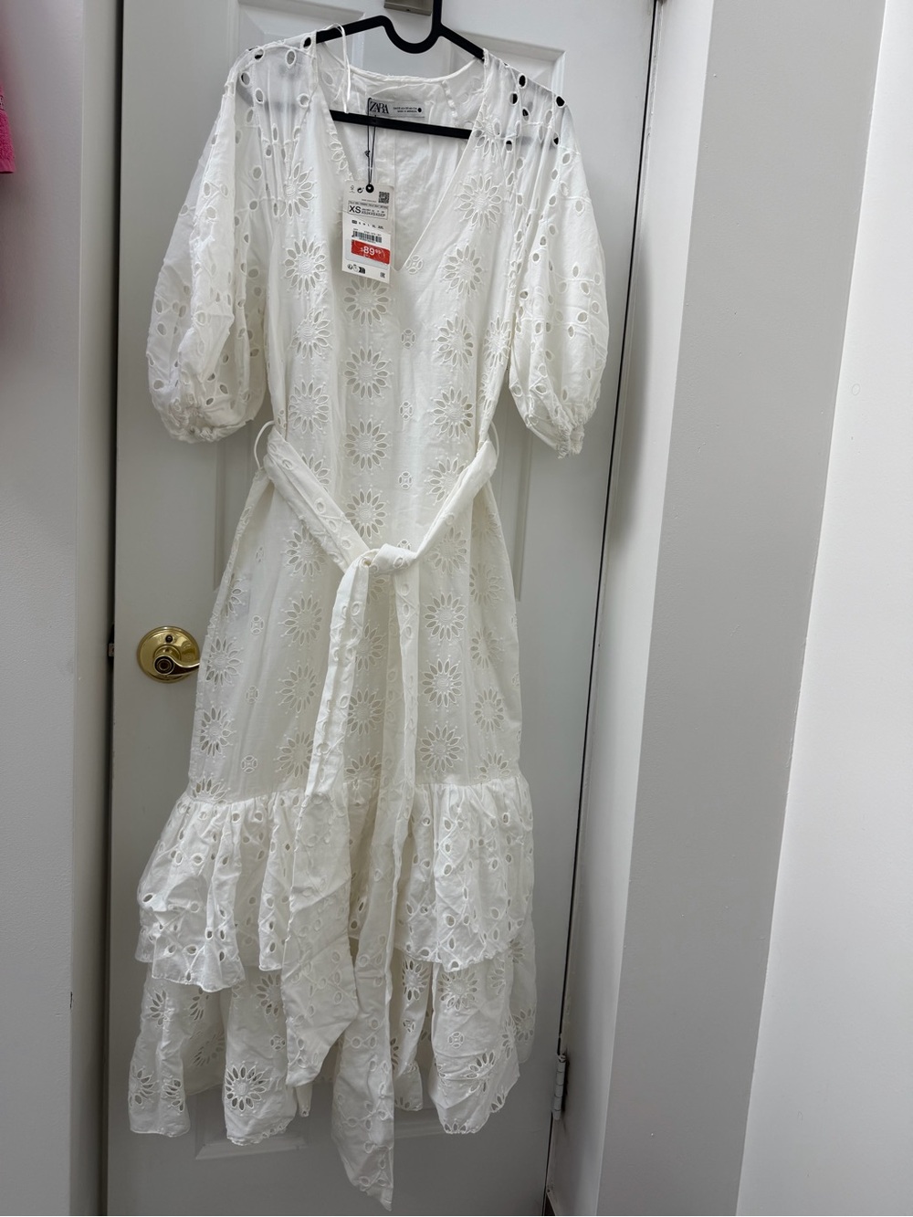 Zara White Eyelet Embroidered Midi Dress with Tie Waist XS